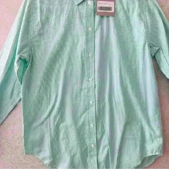 EVERLANE‎ WOMENS PREPPY MINT/WHITE STRIPED SILKY FEELING COTTON BUTTON DOWN SIZE - Picture 5 of 7